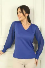 Kadın Merdiven V Yaka Kolları Şifon Kazak