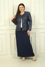 Ensemble 3 pièces grande taille pour femme : veste à sequins, chemisier à manches courtes, jupe longue doublée en crêpe