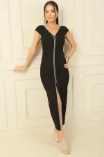 V-Neck Double Sleeve Dress with Rhinestone Embellishment and Slit