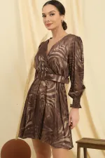 Double-breasted Collar Waist Belted Lined Patterned Satin Dress
