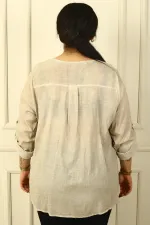 Buttoned Front, Sequin Detailed, Double Pocket, Folded Sleeve, Washed Linen Plus Size Shirt