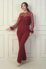 Combinaison en crêpe à imprimé feuilles de tulle pour femme avec ceinture et manches à plumes