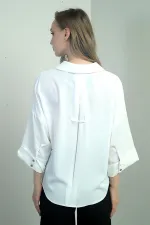 Kadın Polo Yaka Yarım Duble Kollu Arkası Körüklü Krep Saten Bluz