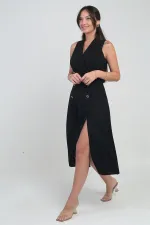 Kadın Kruvaze Yaka Astarlı Çift Yırtmaçlı Düğme Detaylı Midi Krep Elbise