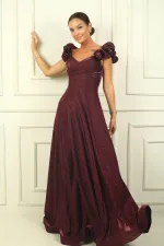 Düşük Volan Kol Drapeli Astarlı Simli Uzun Elbise