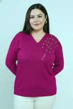 Chemisier en maille à pierres, col en V, grandes tailles pour femme