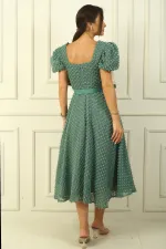 Balloon Sleeve Midi Length Lined Waist Belted Patchwork Fabric Dress