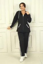 Women's Hooded Two-Piece Set with Double Pockets, Relaxed Fit and Piped Trim