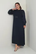 Kadın Kolu Ve Önü Pullu Büyük Beden Uzun Tesettür Elbise