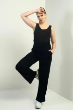 Pantalon palazzo pour femme avec taille élastique épaisse et poches