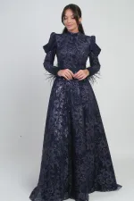 Kadın Kol ucu Tüylü Boncuk Sim Detaylı Astarlı Uzun Elbise