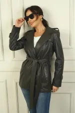 Kadın Devrik Yaka BeliKuşaklı Astarlı Yandan Cepli Deri Trenç Ceket