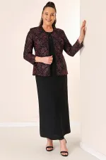 Robe longue à col perlé, ensemble deux pièces grande taille avec veste brodée de perles et de sequins, doublée.