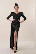 Kruvaze Yaka Yanı Büzgülü Astarlı Uzun Saten Elbise