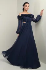 Women's Floral Madonna Neckline Belted Lined Chiffon Long Dress