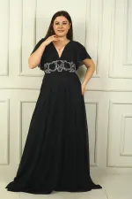 Kadın Ön Arka V Yaka Beli Taş İşlemeli Astarlı Simli Büyük Beden Abiye Elbise