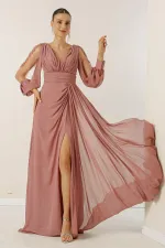 V Yaka Önü Drapeli Astarlı Kolları Tül Güpür Detaylı Geniş Beden Aralıklı Şifon Uzun Elbise