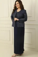 Robe longue en crêpe avec col et doublure ornés, veste à sequins, ensemble 2 pièces grande taille