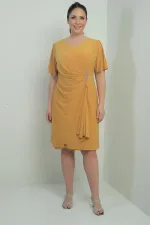 Robe femme à col en V froncée sur le devant avec détails en pierres, doublée, grandes tailles, Lycra
