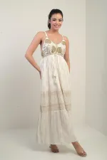 Women's Strappy V-Neck Backless Lined Shimmering Shawl Patterned Pocketed Flush Jacquard Dress