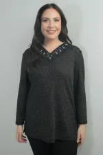 Women's Pearl-Embellished V-Neck Lycra Glittery Plus Size Blouse