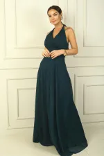 Kadın Boyundan Bağlamalı Taş Baskılı Astarlı Uzun Tül Elbise