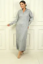 Round Neck, Zip-Up Long Sleeve Knitted Dress