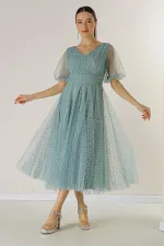 Ön Arka V Yaka Kısa Balon Kollu Kare Benekli Simli Dalya Kumaş Astarlı Elbise