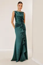 Kadın Önü Drapeli Volanlı Astarlı Uzun Saten Elbise