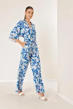 Beli Lastikli Cepli Palazzo Pantolon Ön Arka V Yaka Crop Desenli İkili Takım