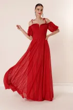 Long Dress with Pleated Neckline, Balloon Sleeves, Lined, and Glittery Embellishments.