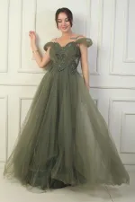 Kadın Ön Arka V Yaka Astarlı Düşük Kollu Üstü Aplike İşleme Prenses Abiye Elbise