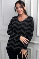 Kadın V Yaka Zikzak Desenli Geniş Beden Aralıklı Simli Bluz