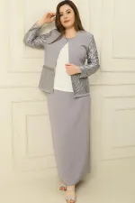 İçi Yarım Ay Kol Bluz Pul NakışişlemeBoncuk Detaylı Ceket Etek Astarlı Büyük Beden 3'lü Takım