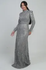 Robe longue en tulle pour femme avec manches à plumes, perles et sequins, et doublure