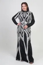 Women's High Neck Sequin Embellished Lined Plus Size Long Dress