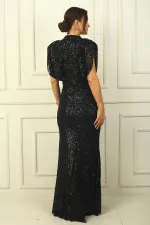 Draped Front, Lined, Belted Sequin Long Dress