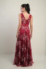 Women's V-Neck, Thick Strap, Waist-Decollete, Embroidered Long Flared Dress