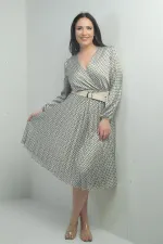 Women's Wrap Neckline Belted Lined Patterned Pleated Midi Satin BB Dress