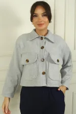 Kadın Torba Cepli Düğmeli Kısa Kaşe Mont