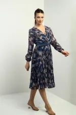 Women's Wrap Neckline Belted Lined Pleated Patterned Midi Chiffon Dress