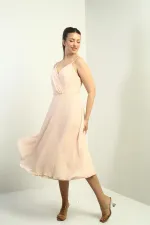 Women's Strappy Wrap Neckline Lined Lace-Up Back Flared Chiffon Dress