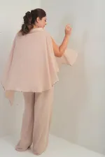 Cape en satin à col et doublure à sequins pour femme, chemisier sans manches, pantalon palazzo, ensemble 3 pièces en mousseline doublée grande taille