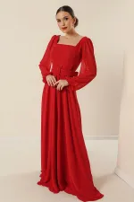 Kare Yaka Beli Kemerli Astarlı Şifon Uzun Abiye