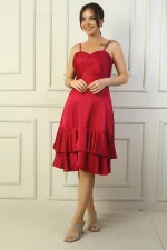 Women's Strappy Front Draped Lined Skirt with Double Ruffled Satin