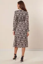 Wrap Neckline Pleated Dress with Drawstring Waist, Lined, Patterned Satin Dress