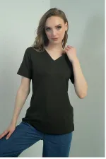 Women's V-Neck Short-Sleeve Blouse with Slit