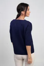 Kadın V Yaka Baklava Desenli Yarım Kol Simli Bluz