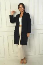 Shawl Collar Fake Pocket Lycra Max Long Jacket