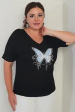 Chemisier en lycra à col en V et manches courtes chauve-souris pour femme, motif papillon détaillé en pierre, grande taille